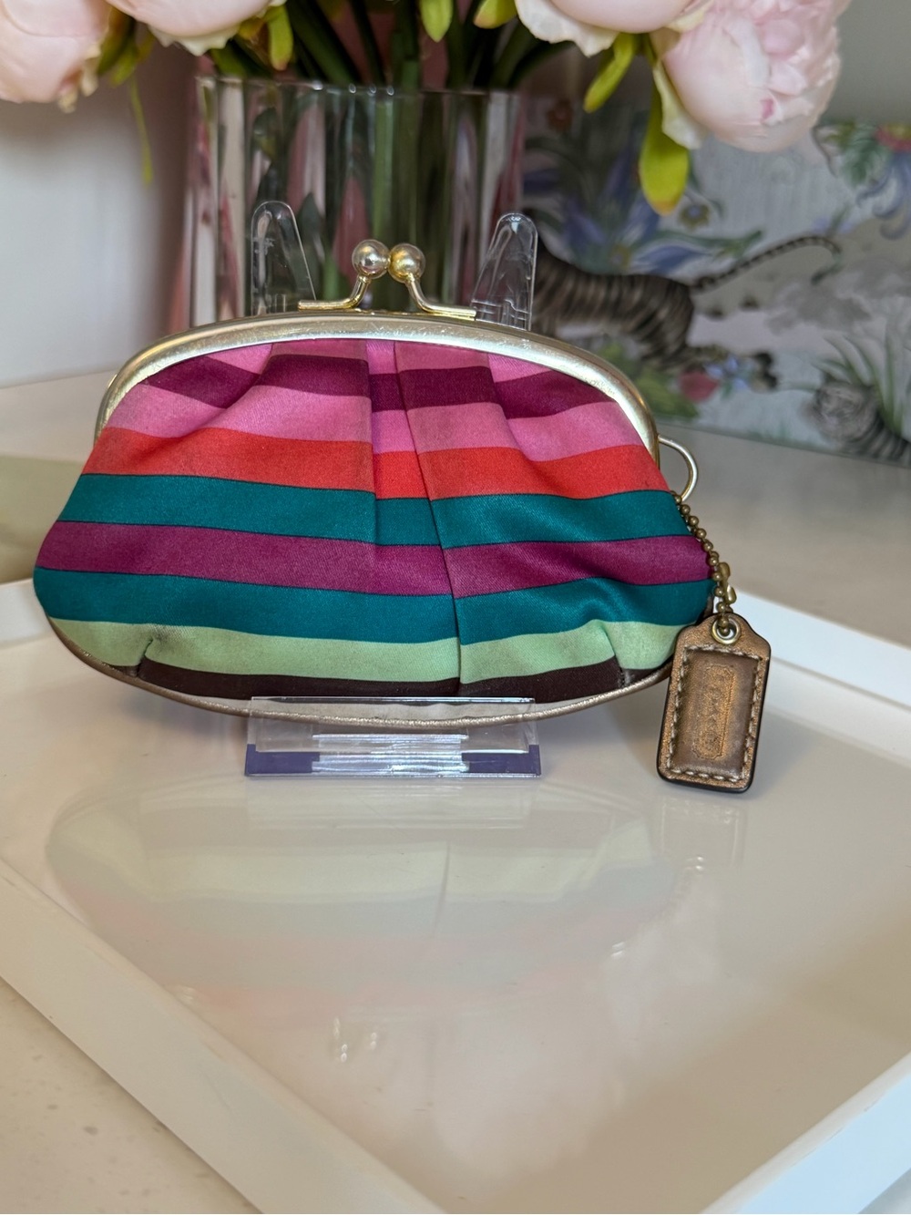 Coach Striped Clasp Coin Purse mini Clutch- Pink, Red, Teal, Green, cream